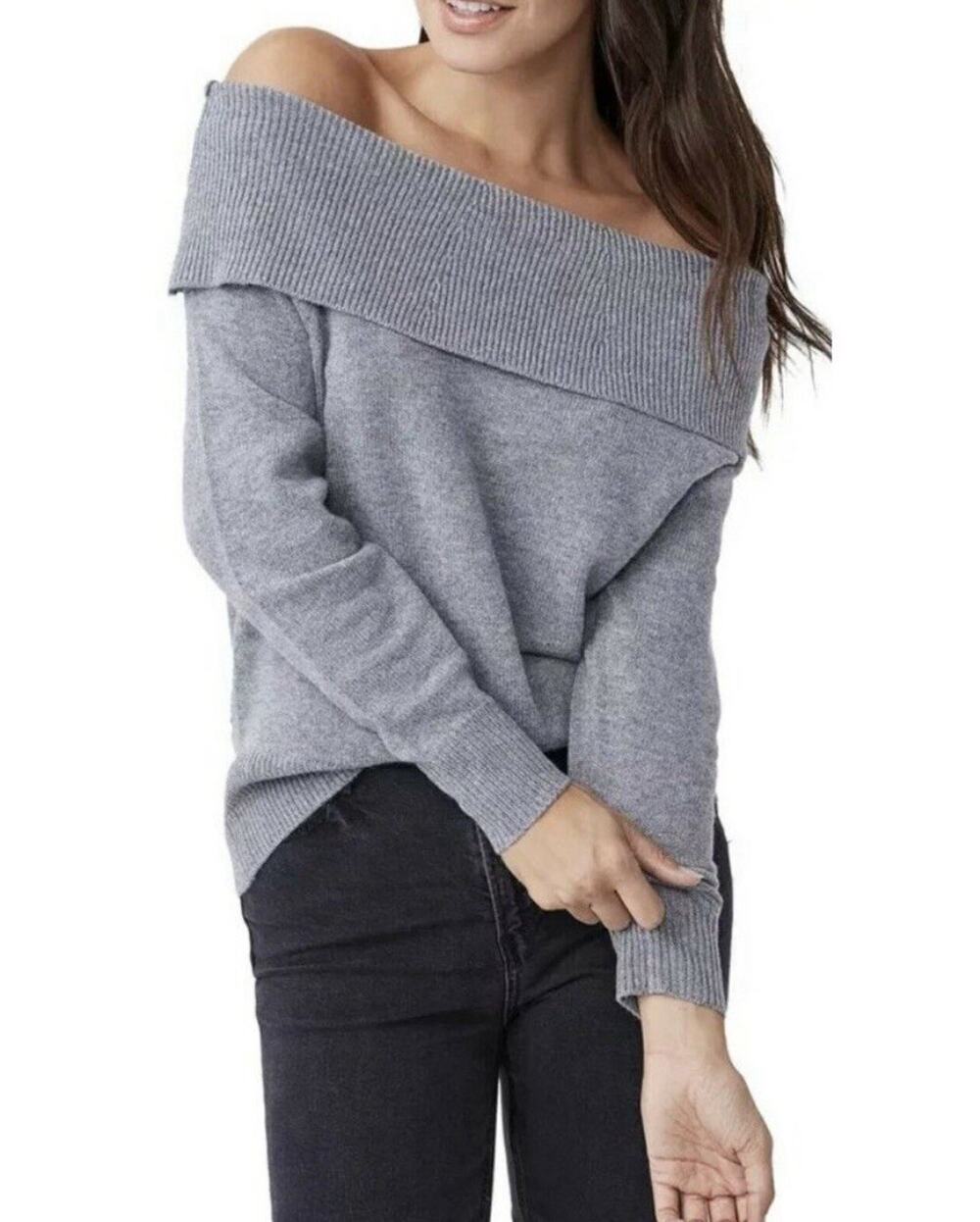 Paige Izabella wool Y2K Off-The-Shoulder Sweater Heather Grey L A001840